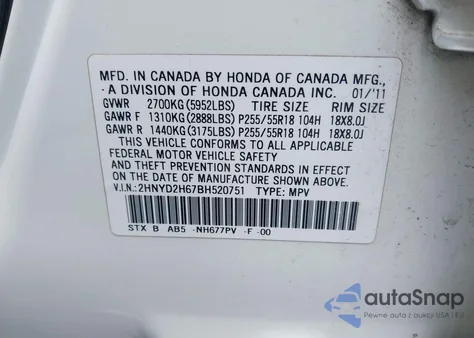 2011 Acura Mdx Technology Package from USA, damaged, VIN 2HNYD2H67BH520751